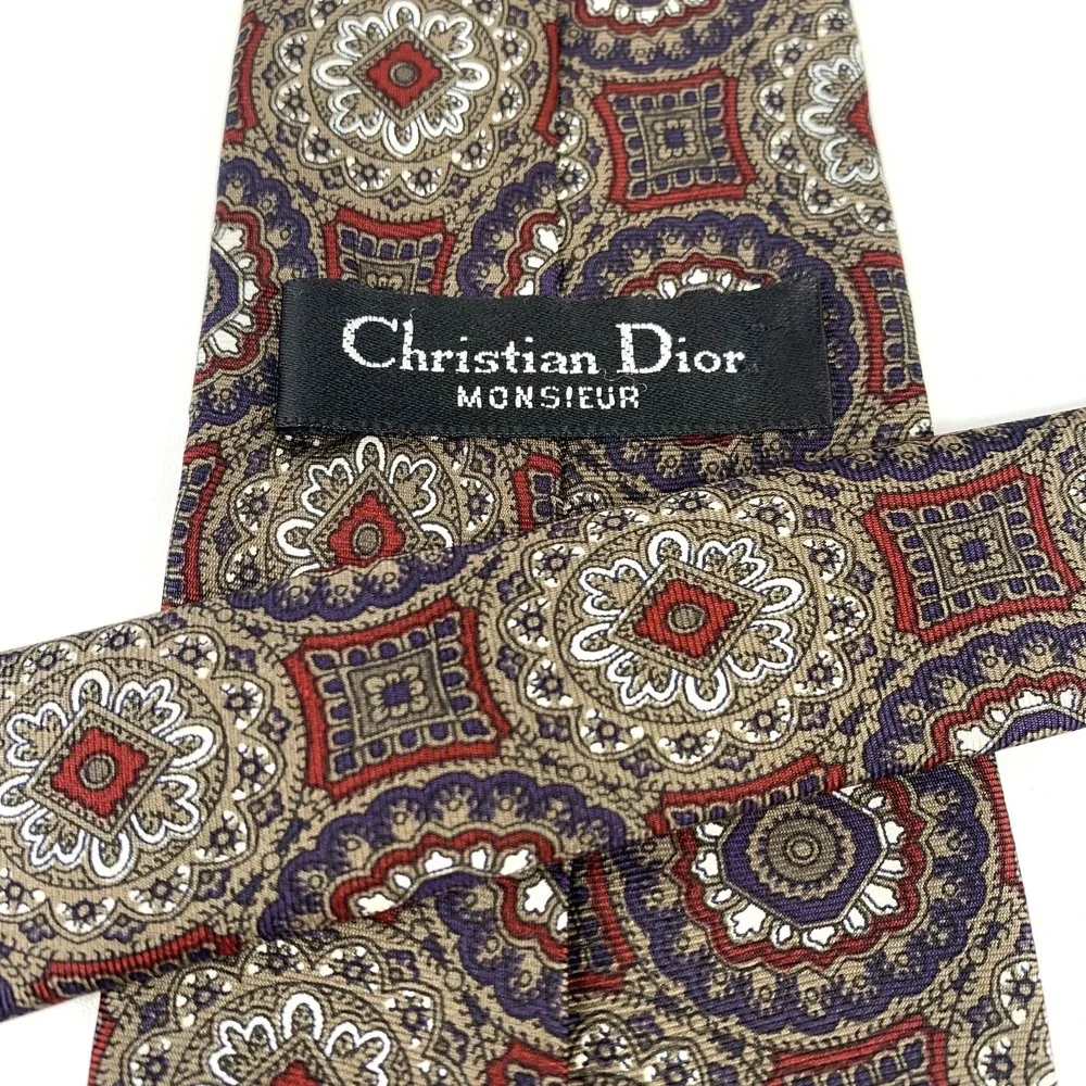 Vintage Christian Dior Monsieur Burgundy Bronze White Geometric 100%‎ Silk